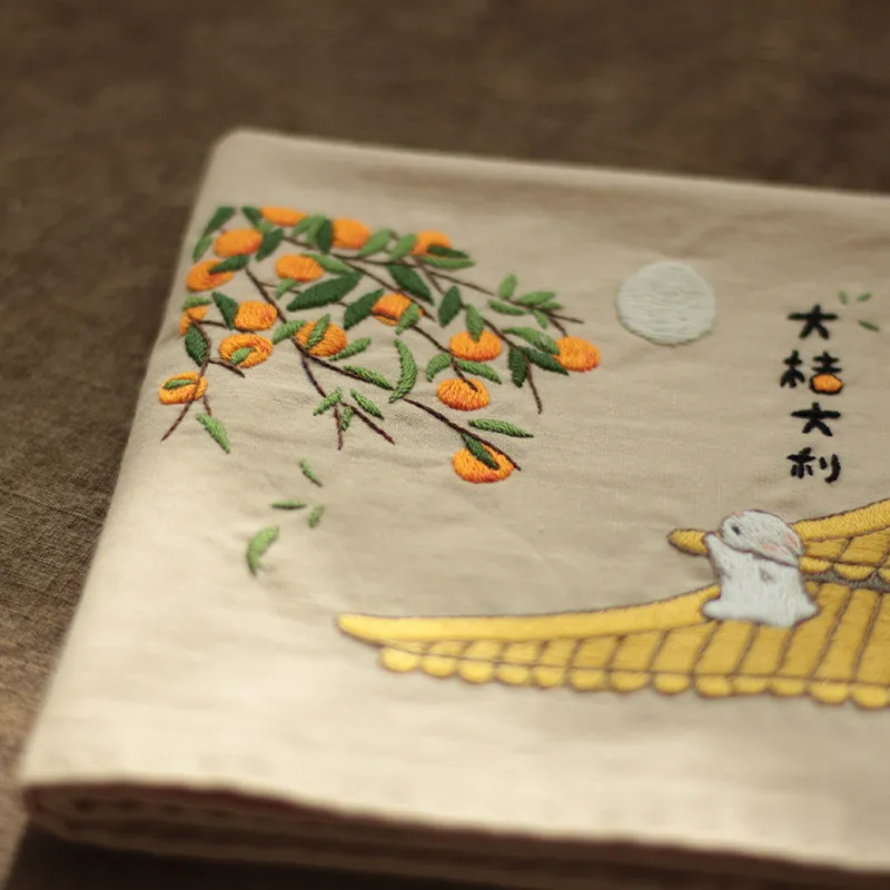 Chinese Style Hanfu Embroidery Handkerchief Diy Kit 100% Cashmere Cute Rabbit Persimmon Pattern Craft Supplies For Holiday Gift