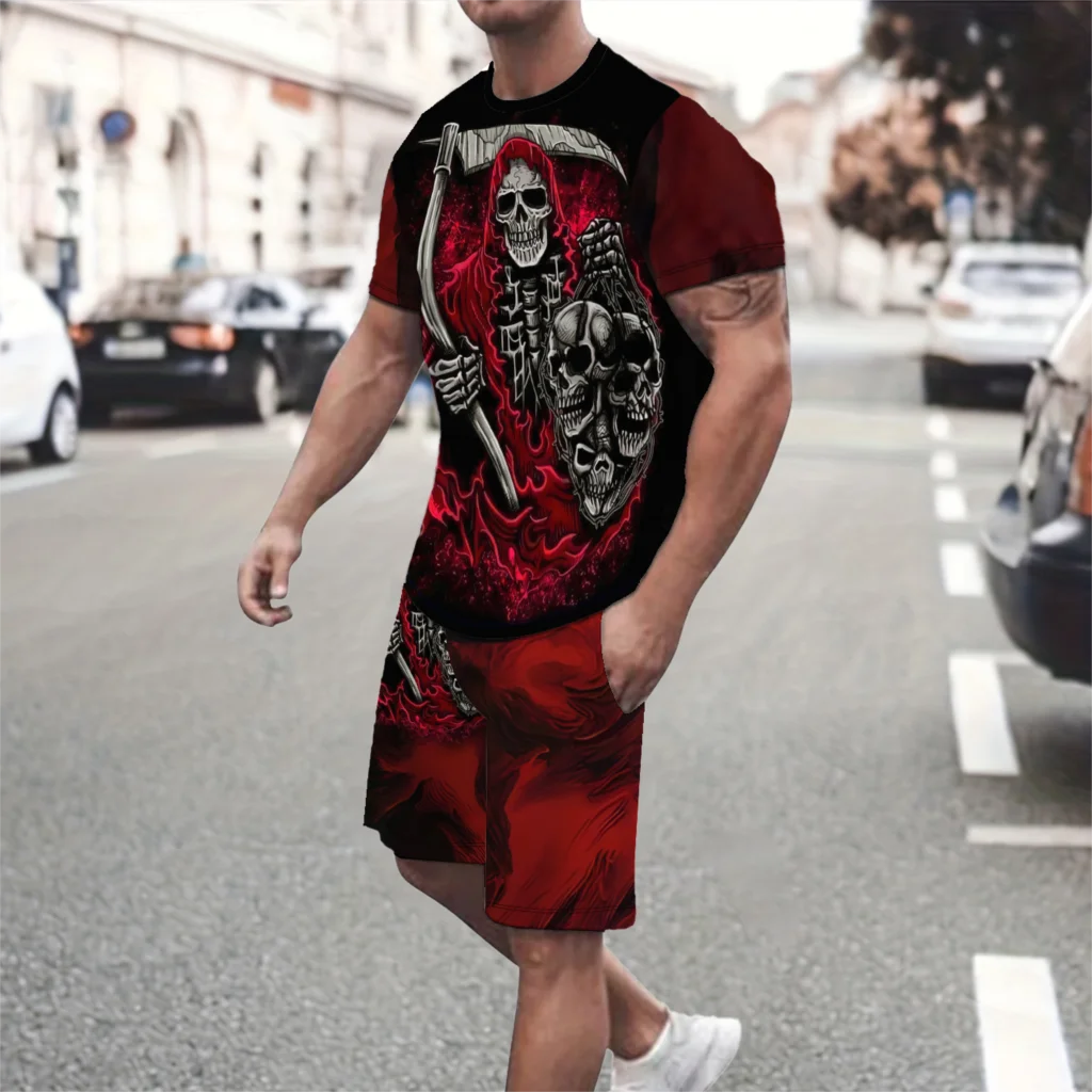 2024 New men\'s short sleeved shirt and shorts set,2-piece set of men\'s street clothing, 3D skull print set,US sizes cloths S-2XL