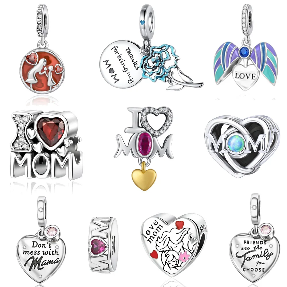 Silver Plated "Love Mom" Mother & Child Heart Charm with Red Hearts Fits Bracelets Sentimental Mom Jewelry