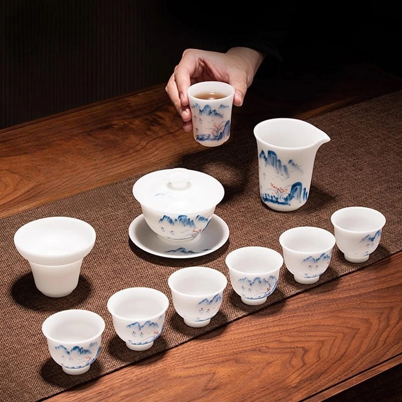 

High-end gift box, hand-painted landscape ice jade porcelain tea set, cover bowl set with gifts