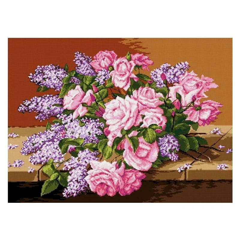 Amishop Top Quality Lovely Beautiful Counted Cross Stitch Kit Rose Delphinium Hybrid Lavender Flower Flowers