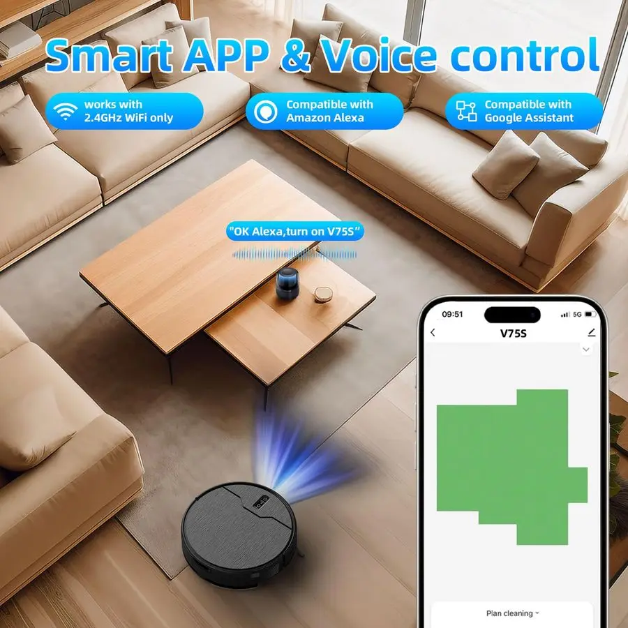 مجموعة مكنسة كهربائية وممسحة، مكنسة كهربائية روبوتية، 6 أوضاع تنظيف، سلة مهملات خزان المياه ذات سعة كبيرة، شحن ذاتي، تطبيق WiFi Alexa، I #5