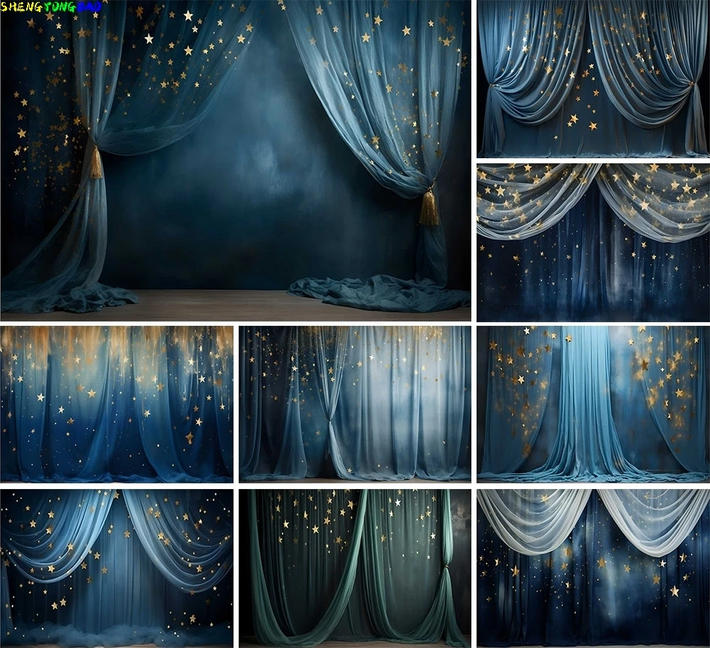 

Blue Curtain Glitter Photography Background Gold Stars Adult Kids Birthday Party Portrait Decor Backdrop Photo Studio CL-01