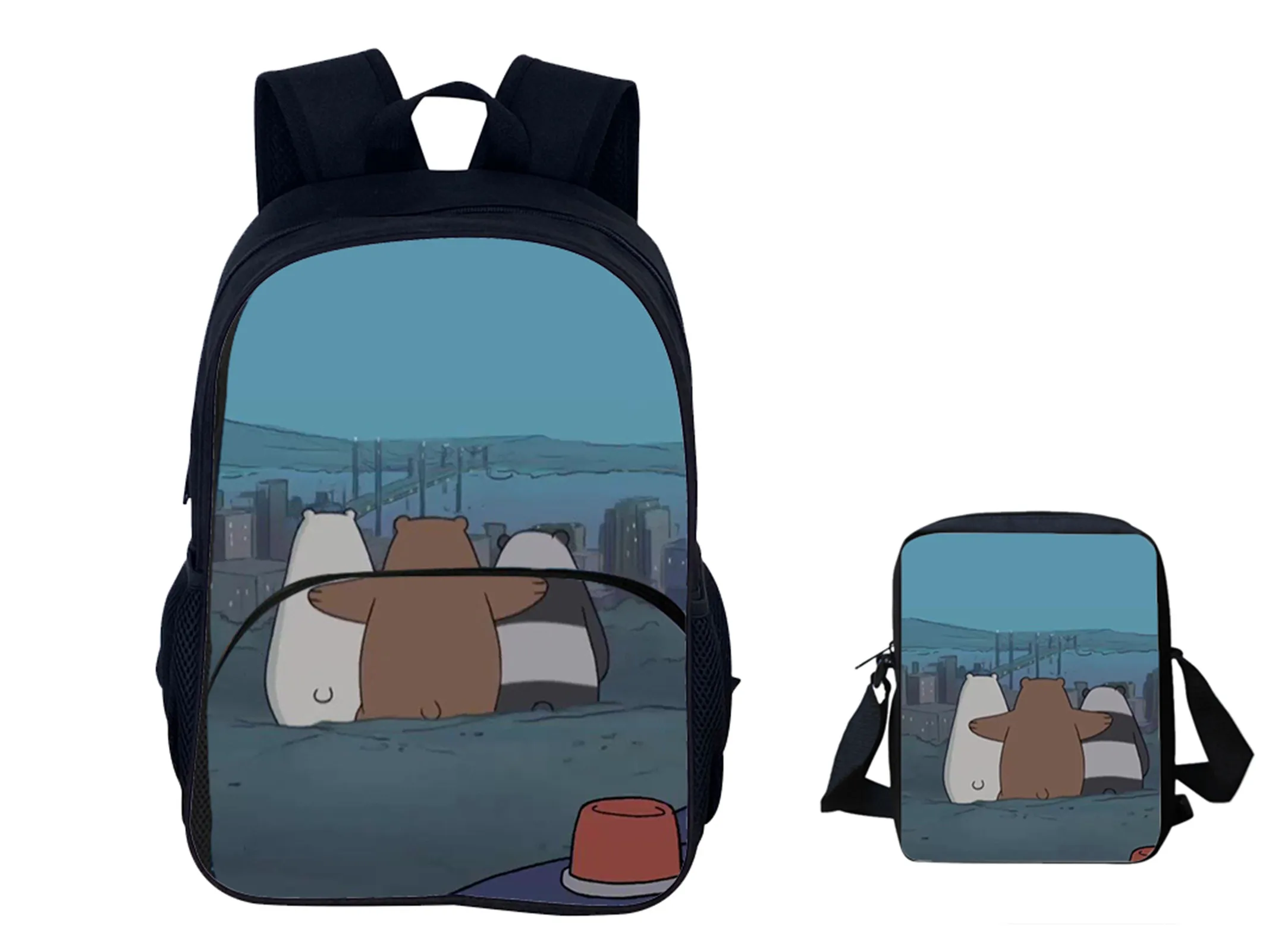 

2 in 1 Daypack Set-Fashion Little Boys Girls We Bare Bears Large Backpack and Canvas Shoulder Bag for Elementary Children