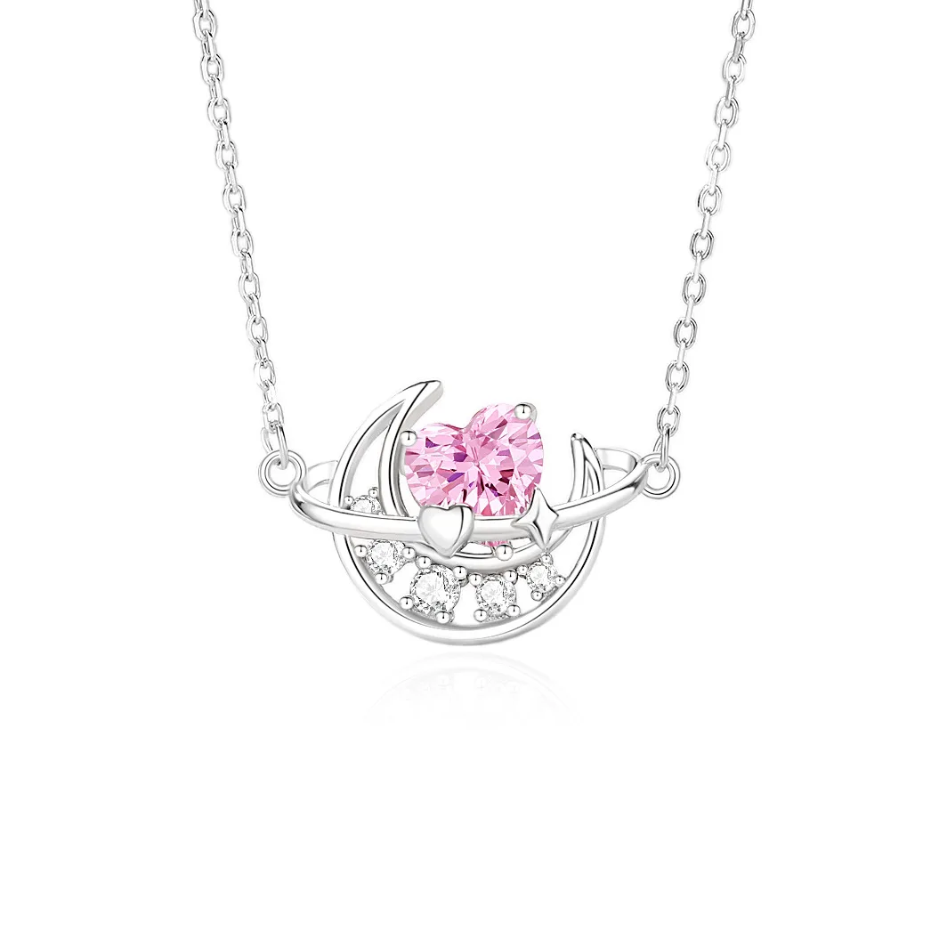 

S925 Silver Clavicle Chain Necklace Original Design Moon Love Planet Pink Heart Zircon Trendy Luxury for Female Festival Gift