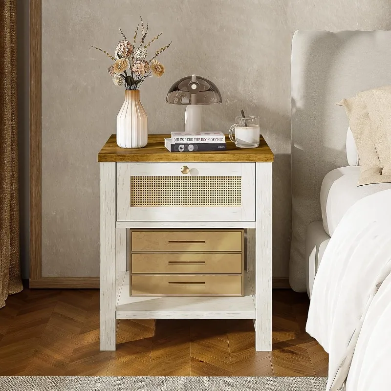

Nightstands Set Of 2, End Tables With Rattan Decor Drawers, Bedside Table In Boho Style, Side Tables With Storage Shelf