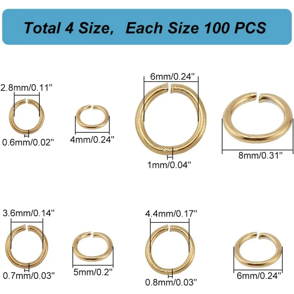 400pcs 18K Gold Jump Rings 4 Sizes Golden Open Jump Rings 4/5/6/8mm Stainless Steel Rings Jewelry Connector Unsoldered