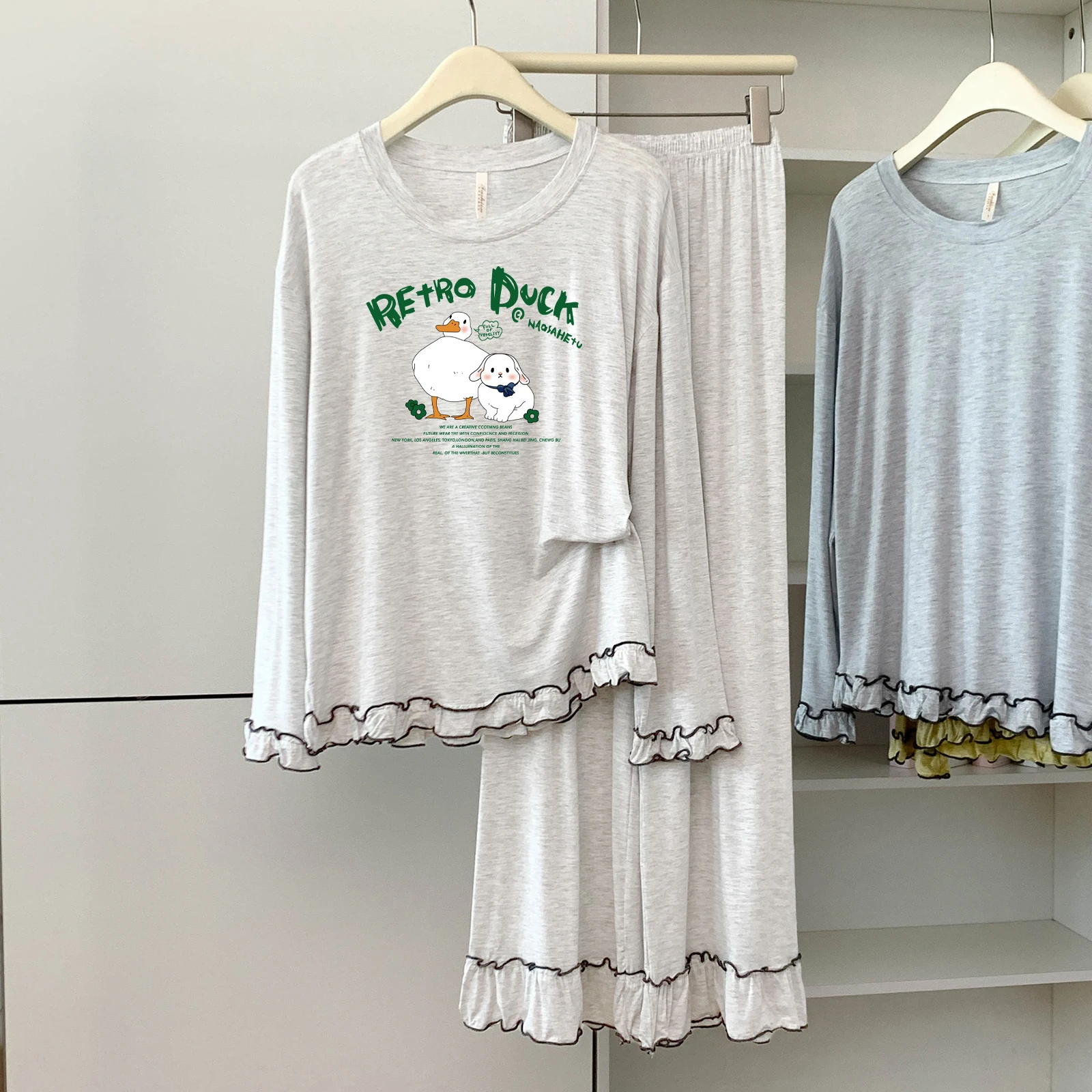 

5174-88 Модальные хлопковые пижамы с круглым вырезом и длинными рукавами для женщин, весенне-осенние тонкие свободные мягкие удобные домашние одежды