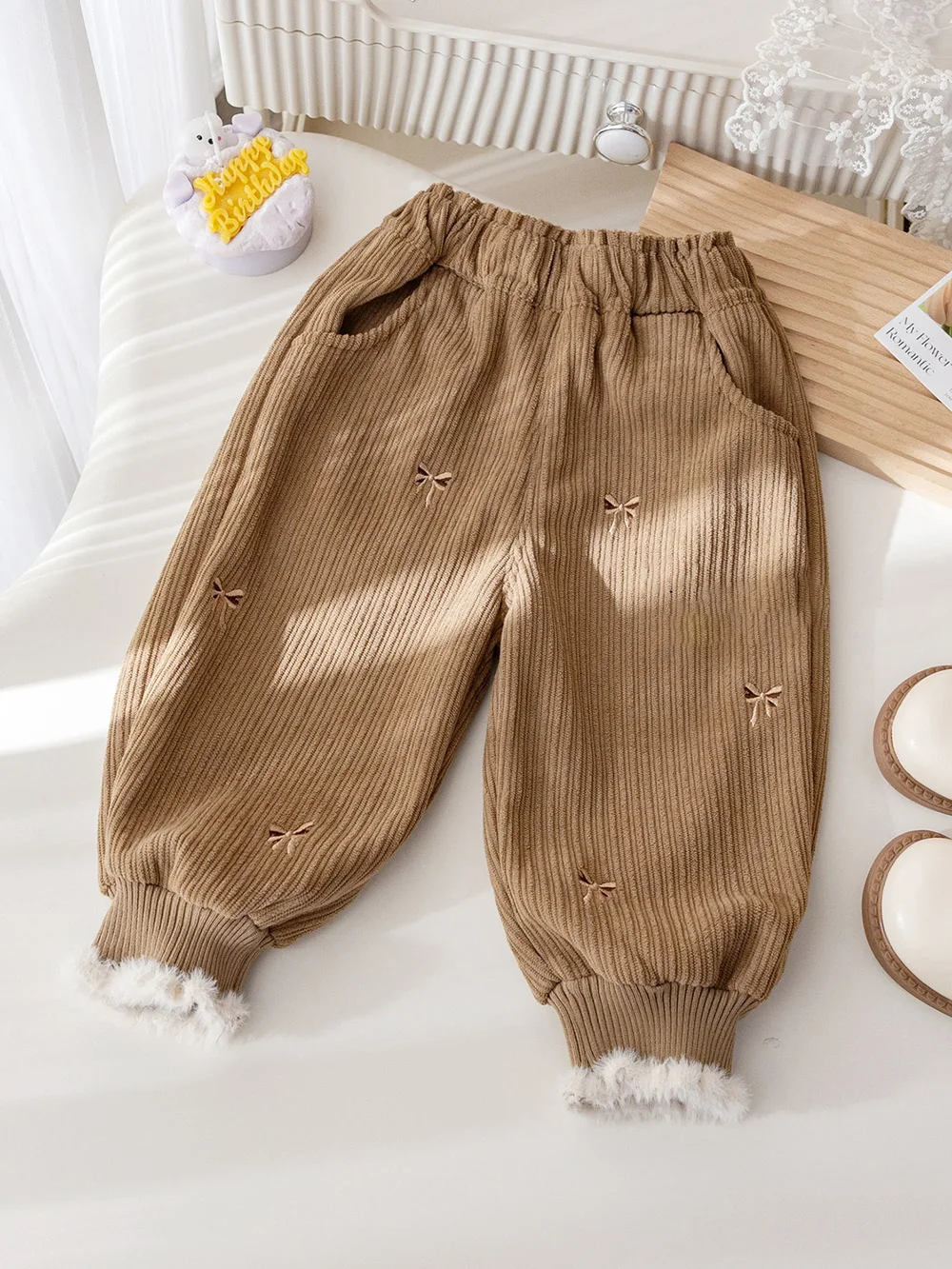 Girls Velvet Casual Pants Autumn Winter Butterfly Knot Embroidery Thick Warm Fleece Pants Baby Kids Trousers Childen Clothes