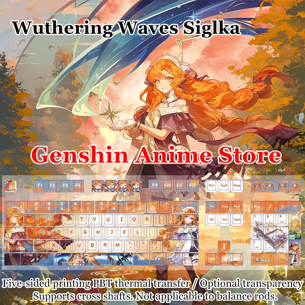 Anime Wuthering Waves Siglka PBT 128 Key Caps Cosplay Props Axis Side Engraved Mechanicale Keycaps Gaming Tabletop Supplies