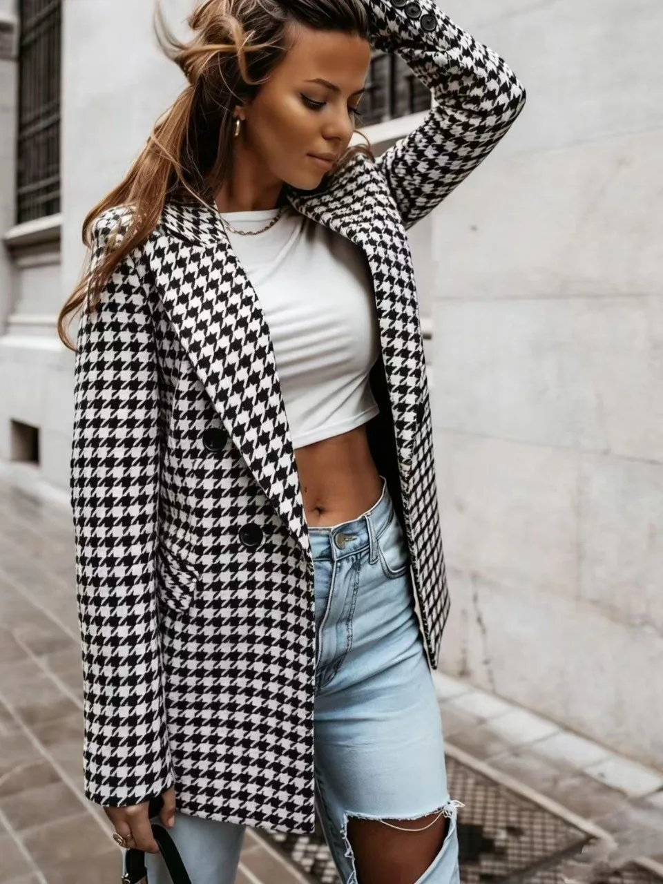 

Новый весенний стиль: профессиональный деловой пиджак с длинным рукавом, черно-белая клетка, для офиса, женская мода, полиэстер