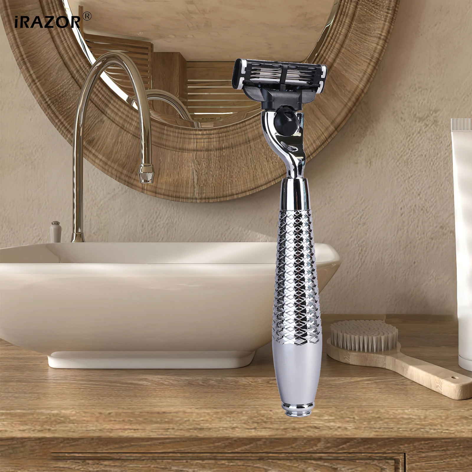 

iRAZOR Silver Shaving Razor Holder for 3-Layer Blade - Reusable Daily Grooming Tool for Men Home And Travel Barber Compatible