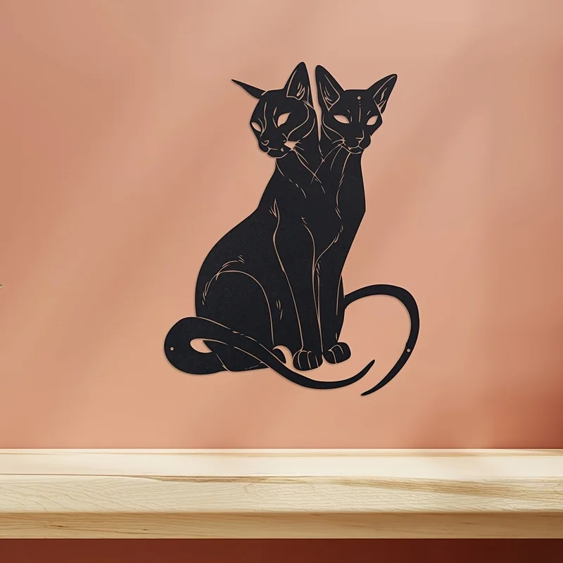 Wrought Iron Double-Headed Cat Wall Decoration，Decorative art with a mystical charm，Minimalist style decoration