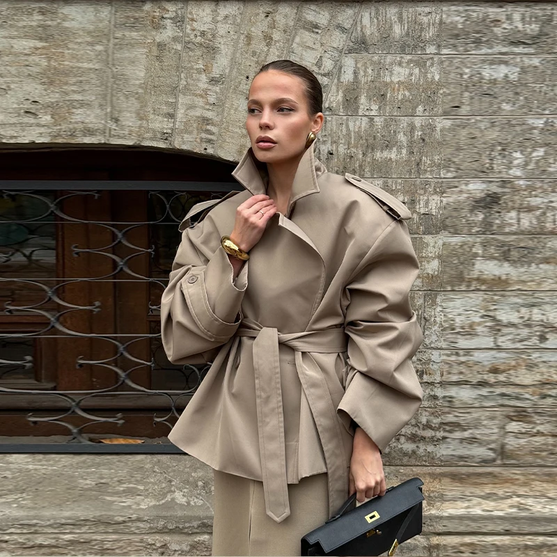 Casual Loose Jacket Women Stand Collar Long Sleeve Belt Double Breasted Short Windbreaker 2025 Spring Fashion Chic Streetwear zz