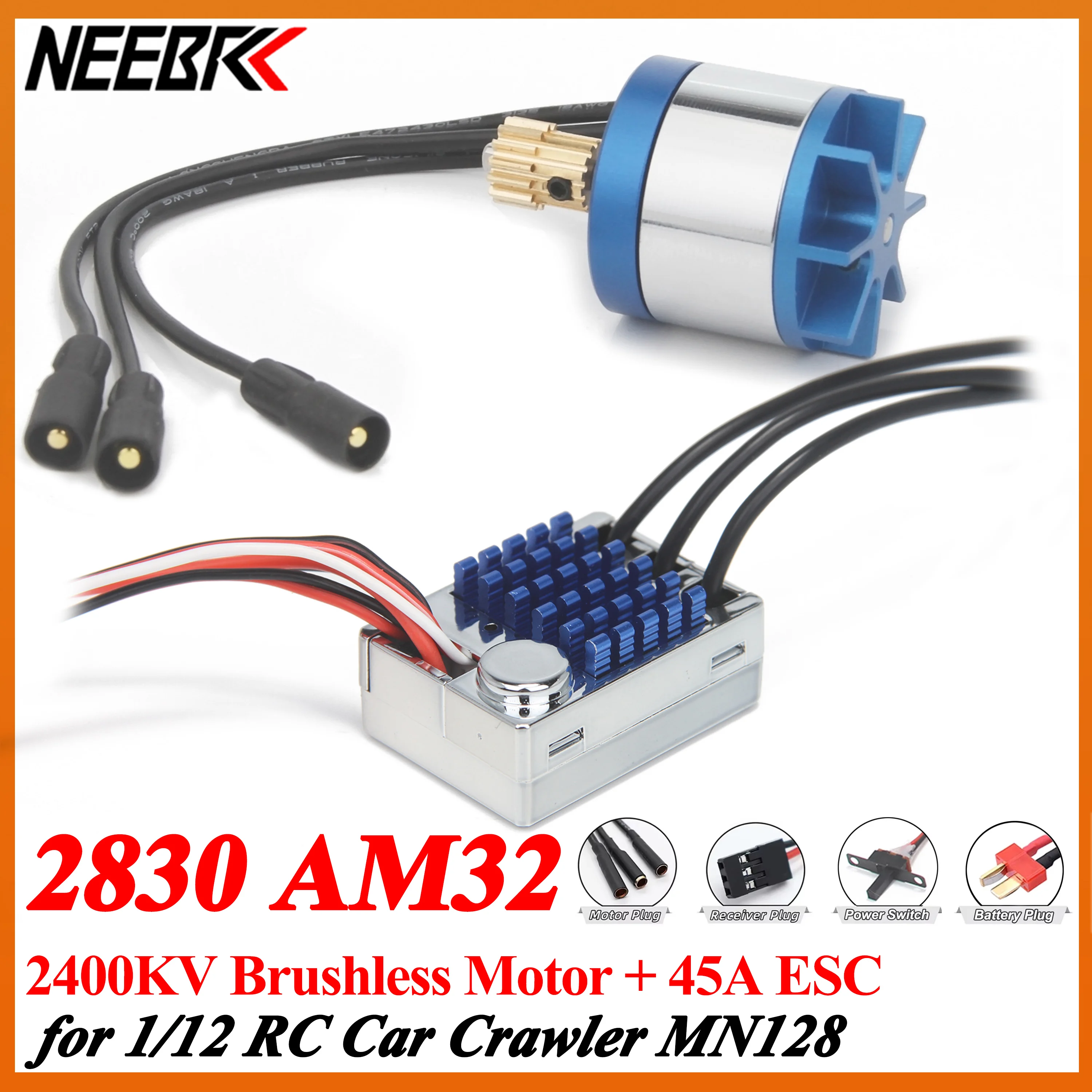 NEEBRC 2830 2400KV Outrunner Brushless Motor with AM32 45A ESC for MN128 1/12 RC Car Crawler Model Toys Upgrade Power Kit