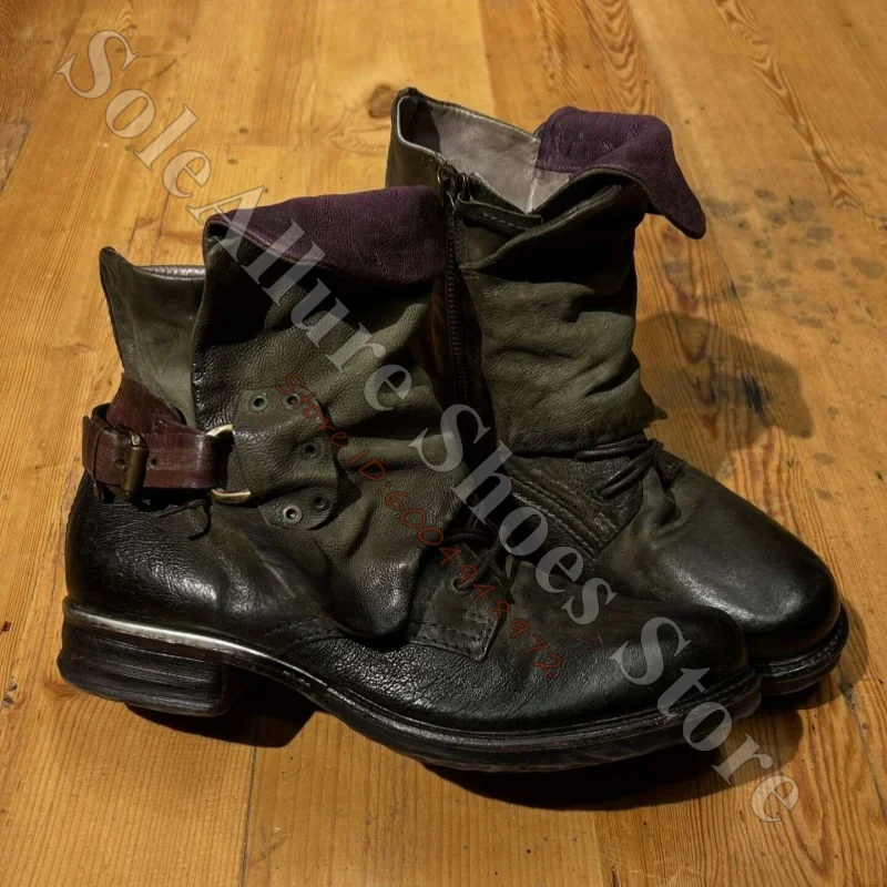Retro Grunge Ladies Slouch Ankle Boots Dark Green Washed Distressed Leather Fold Buckle Strap Low Heel Boots