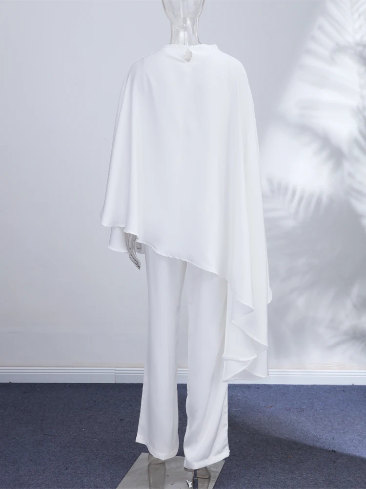 O-Ausschnitt Asymmetrisches Top Hosenanzüge Damen Streetwear Cape-Ärmel Übergroße Oberteile Elastische Taille Weite Hosen Schicke Damen-Outfits – Detail 7