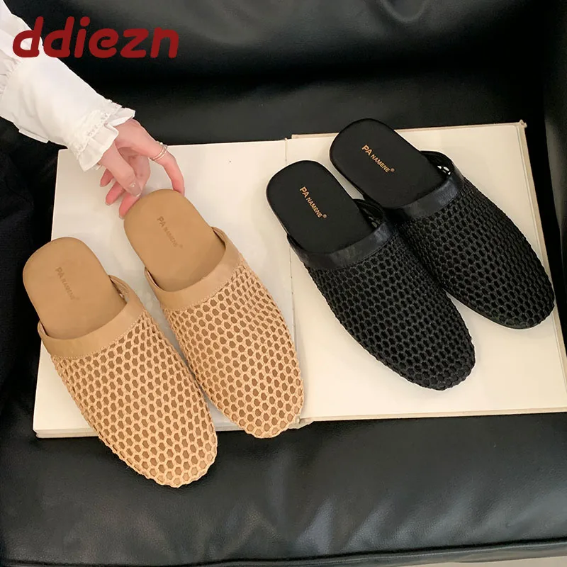 

Luxury Fashion Mesh Women Flats Slippers Mules Shoes Summer Beach Round Toe Ladies Flats Slippers Female Slides Sandals