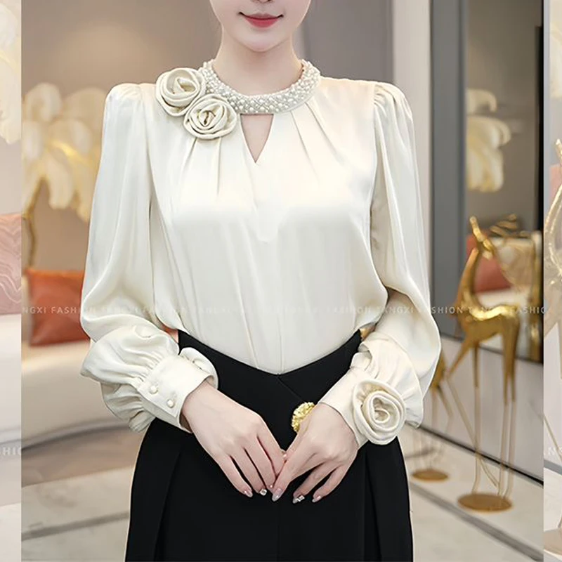 Women's Vintage Ruffle Hollow 3D Flower Blouse Office Lady Elegant Chic Luxury Commute Shirt Autumn Solid Long Sleeve Slim Tops