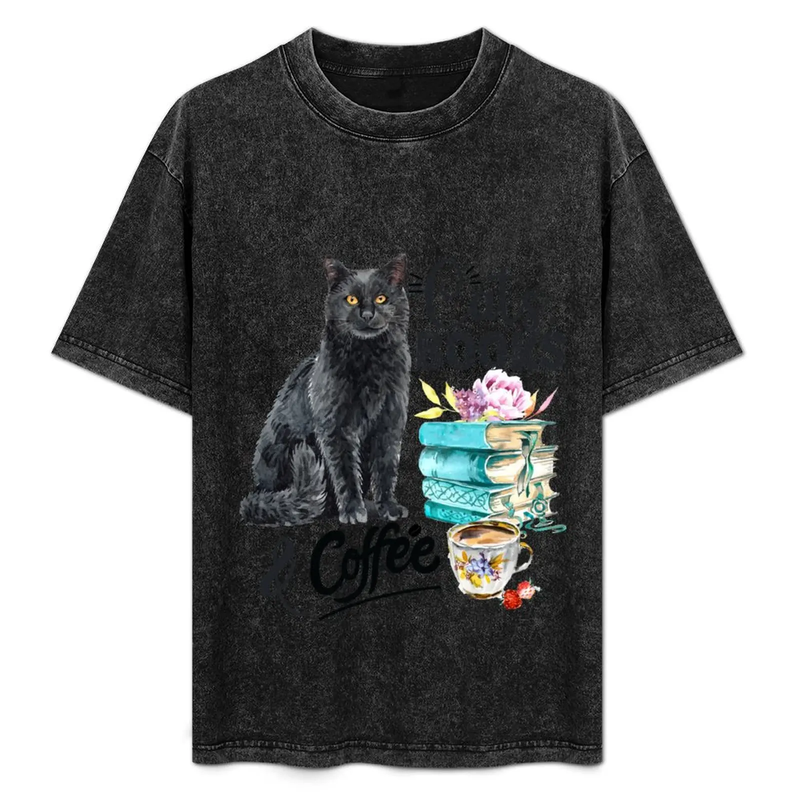 Cats, Books and Coffee Cute Watercolor T-Shirt Work Wear Simple Tee Shirt