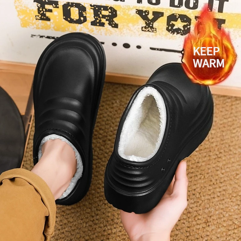 Thick Sole Chef Shoes Outside Men Waterproof Slippers Men Winter Household Warm Fluffy Slippers Plush Cotton Shoes Male