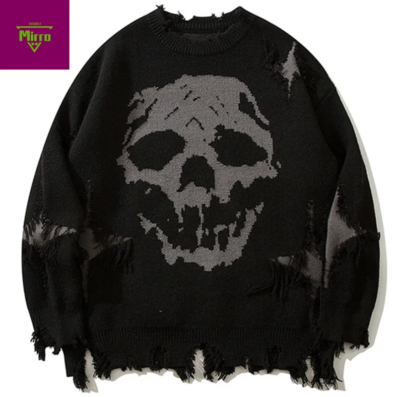 

Свитера с черепами в готическом стиле, панк, черный рваный свитер, вязаный пуловер, джемпер в стиле Харадзюку, большой уличный свитер Y2K, унисекс