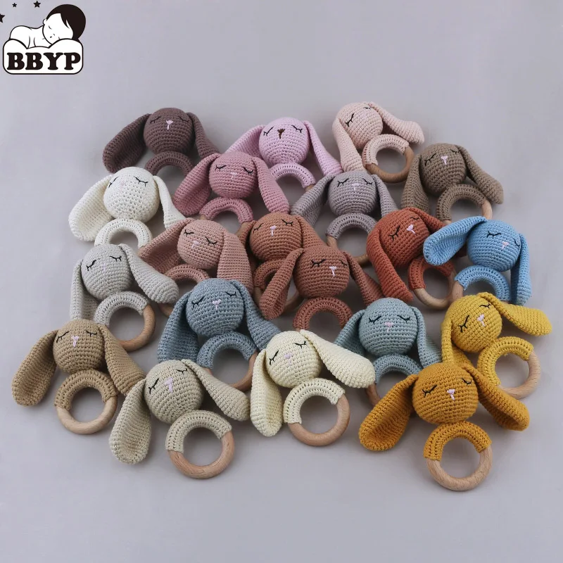 1pc Safety Wooden Baby Teether Crochet Cartoon Long Ear Bunny Baby Rattler Mobile Crib Rattle Bell Newborn Handbell Teething Toy