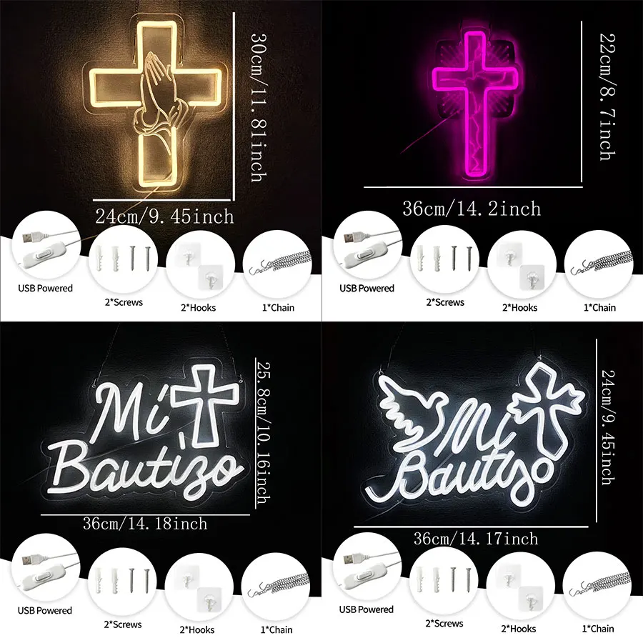 Mi Bautizo Led Neon Sign, 3D Carved Cross Icon Usb Powered, Bedroom Living Room Church Easter Wedding Background Art Decor.