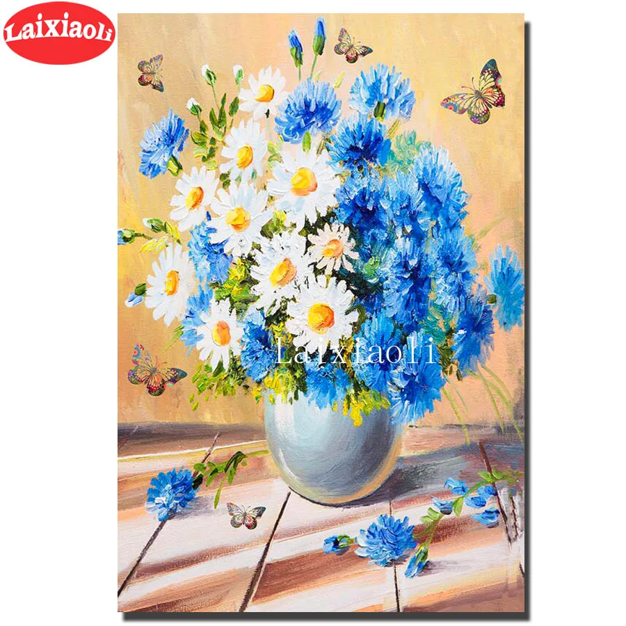 

diamond painting blue white little daisy diamond embroidery full square/round drill puzzles mosaic painting vase of still life