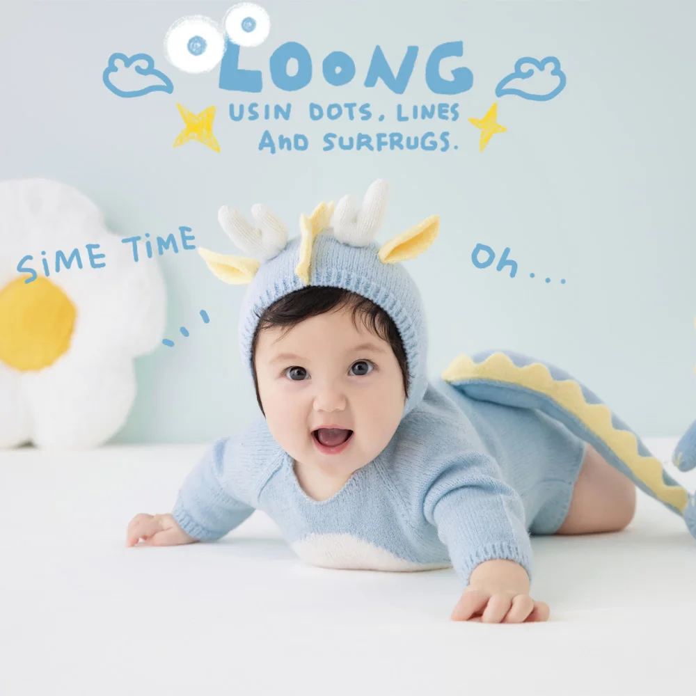 100 Days Newborn Photography Outfits Cute Knitted Dragon Clothes Jumpsuit Hat Loong Doll Props Studio Creative Photo Shoot Props