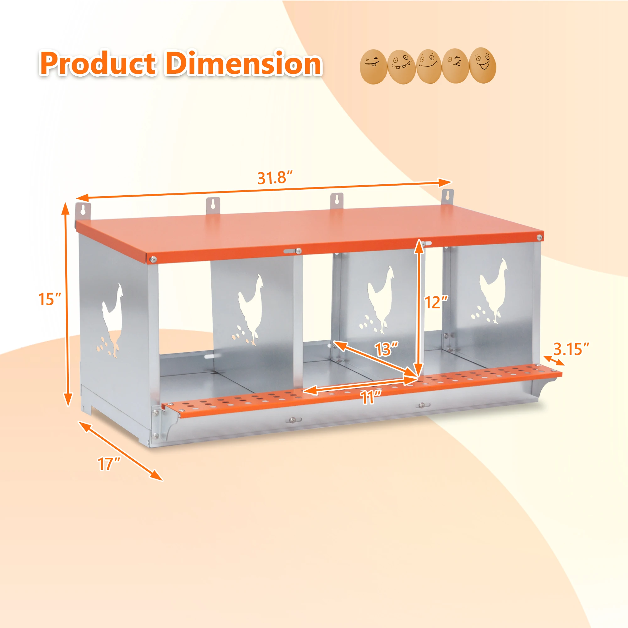 3 Bay Wall Mount Metal Nesting Box Heavy Duty Galvanized Steel Vented Egg Laying Coop for Hens and Ducks Orange Easy Assembly