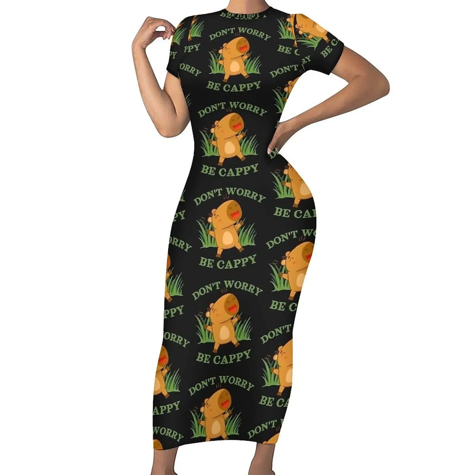 Engraçado capivara bodycon vestido de verão não se preocupe ser cappy sexy maxi vestidos mulher manga curta impressão estilo rua vestido tamanho grande