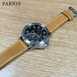 Fashion Parnis 44mm Silver Case Automatic Mechanical Men Watch Power Reserve Leather Strap Sapphire Glass Watches for Men 2024