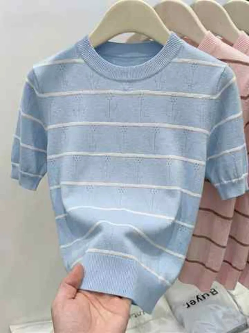 Women Striped Hollow Out Knit Top Round Neck Short Sleeve Slim Fit Cropped Casual Summer Korean Style Elegant Lady All Season