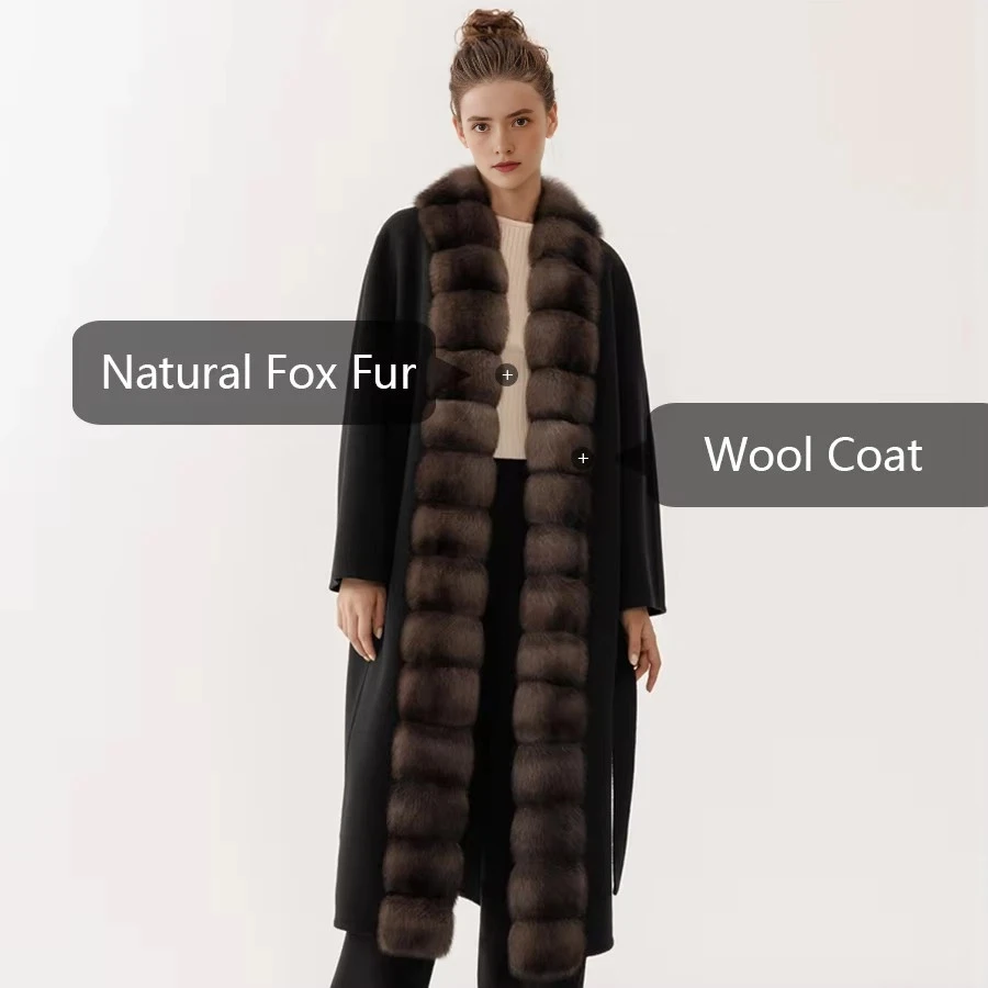 本物の狐の毛皮の襟付きコート、新作カシミヤウールコート、レディースロングウールコート、冬用ウールジャケット