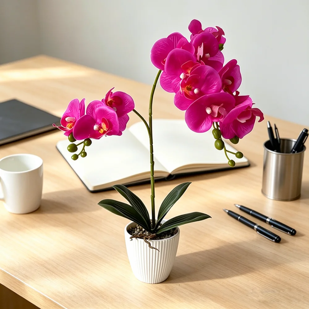 Faux Butterfly Orchid Potted Plant Elegant Floral Ornament Stone Bottom For Dining Table Home Office Interior Decor