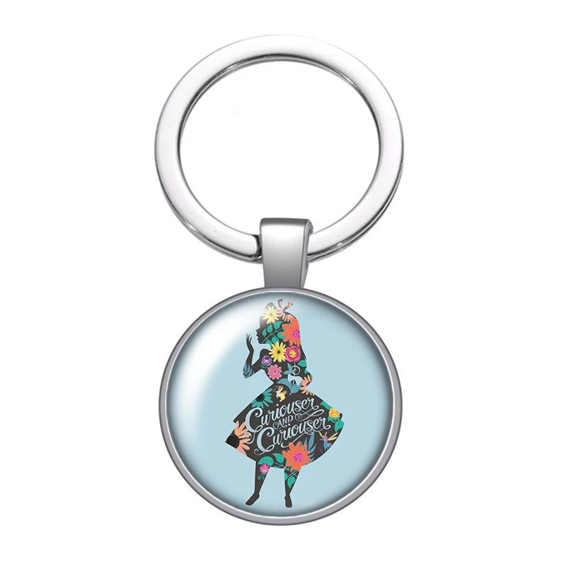 Disney Alice\'s Adventures in Wonderland glass cabochon keychain Bag Car key chain Ring Holder Charms keychains gift