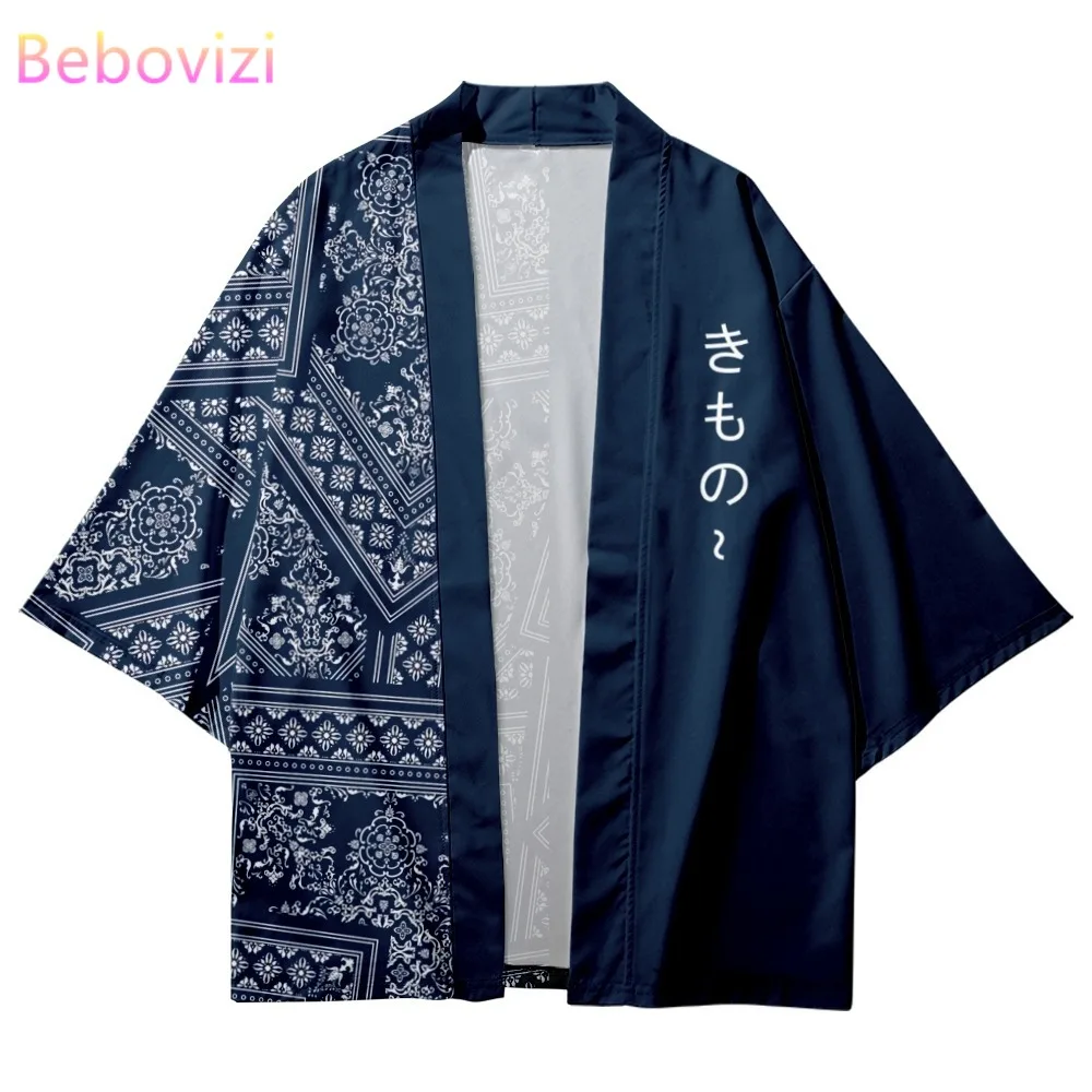 Japanese Style Traditional Kimono Men Women Yukata Cardigan Blue Cashew Flower Print Shirt Cosplay Haori Samurai Asia Clothing