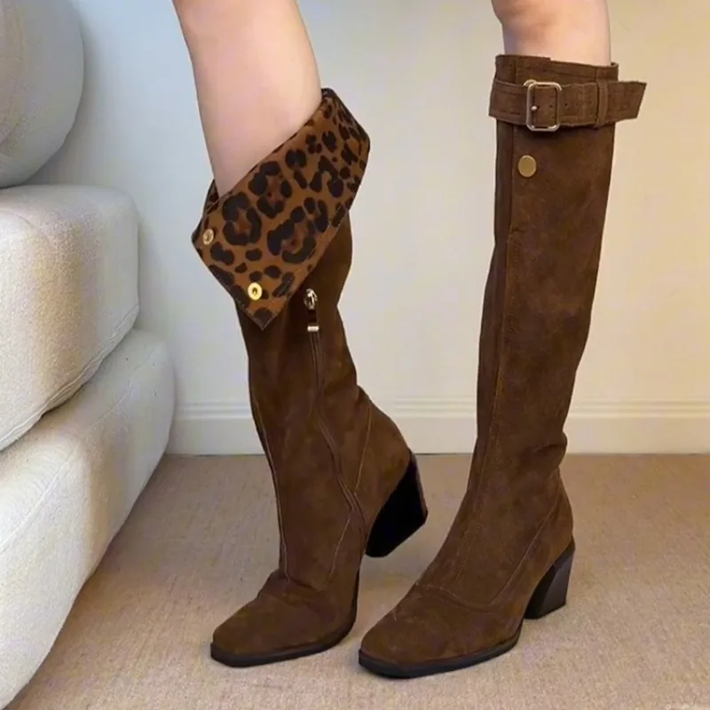 

Belt Buckle Suede Tall Boots Square Toe Suede Side Zipper Soft Sole Non-Slip Wear-Resistant Block Heels