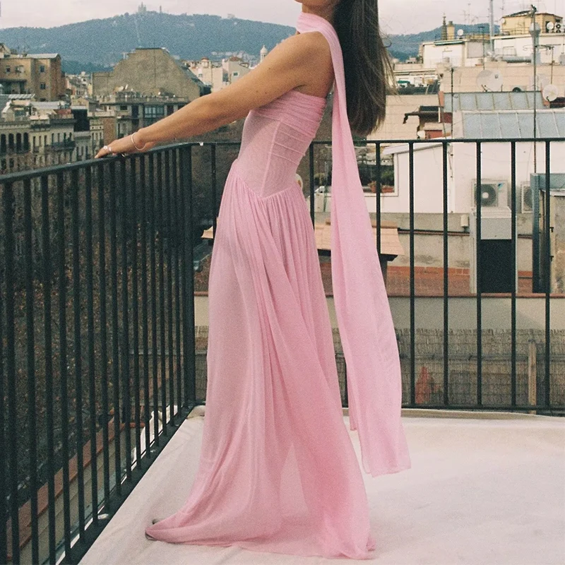 Yenkye sexy elegante rosa malha vestidos sem alças para mulheres cachecol colarinho sem costas a linha vestidos de festa longos maxi