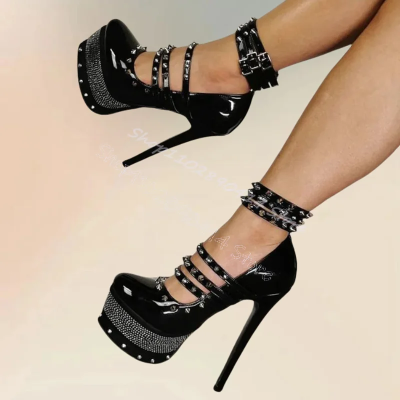 Spikes Rhinestone Decor Black Round Toe Pumps Ankle Buckle Strap Women Shoes Thin High Heels Sexy Party 2024 Zapatos Para Mujere