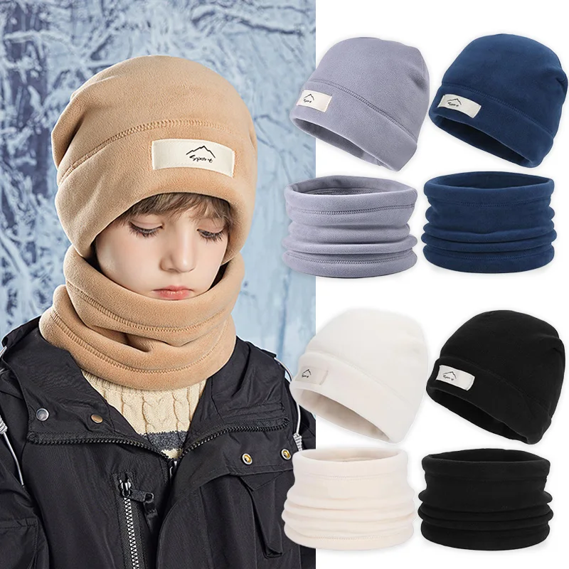 

2Pcs/set Children Hat Scarf Velvet Neck Ear Protection Hats for Boy Girl Autumn Winter Outdoor Plus Kids Beanie Warm Accessories