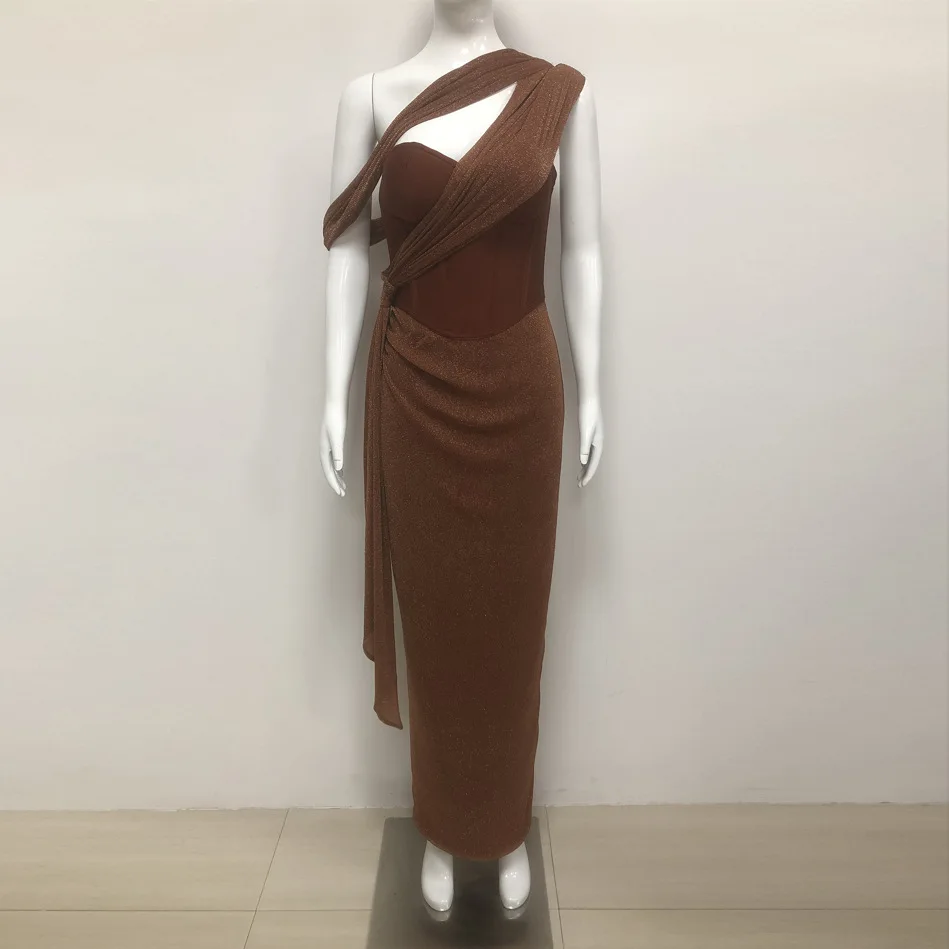 2025 mujeres celebridad Sexy un hombro Patchwork marrón ceñido vestidos Vestido elegante fiesta de noche Club Vestido