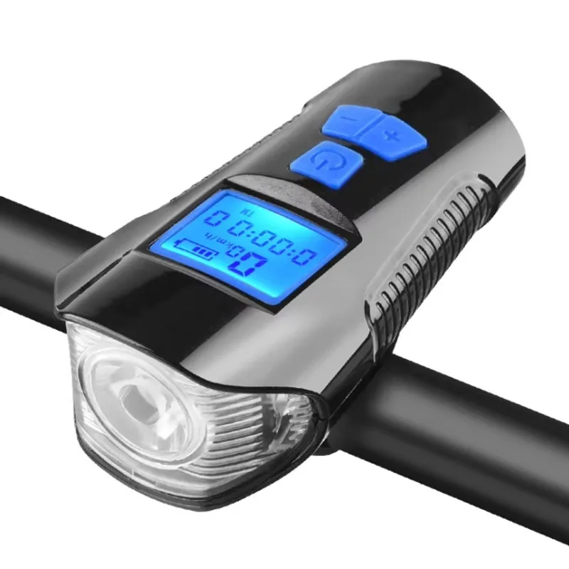 USB Rechargeable Bicycle Front Light Waterproof With Odometer 120dB Horn Multi‑Function Bike Headlight