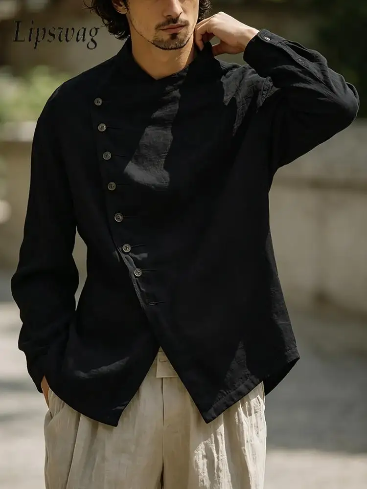 

Leisure Loose Linen Shirt Men 2026 Summer Long Sleeve Pure Color Cardigan Mens Vintage Stand Collar Irregular Button Shirt