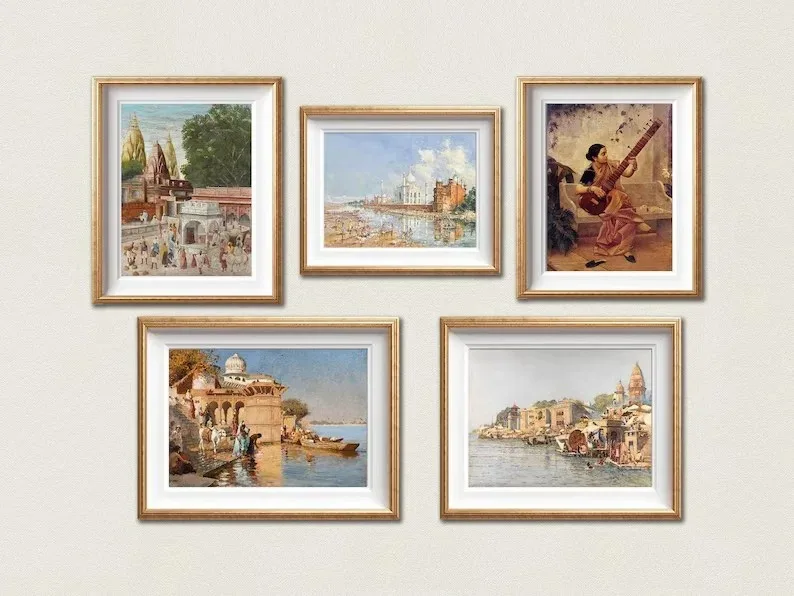 Vintage Art Indian Living Landscape Painting Hindu Scenery The Taj Mahal Yamuna River Canvas Poster Wall Pictures Home Decor