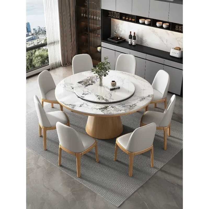

All solid wood rock slab dining table Modern light luxury household round table with turntable Hotel marble hot pot table