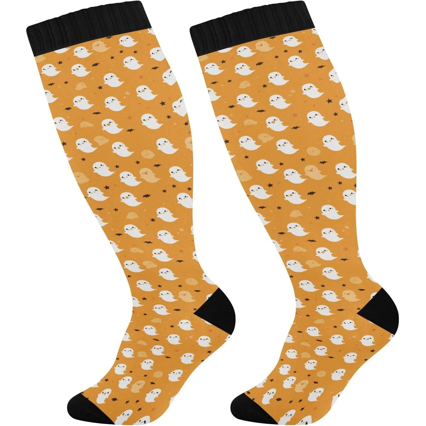 Halloween Ghost Print Knee High Socks for Men Women Plus Size Wide Calf Casual Socks 2 Pack