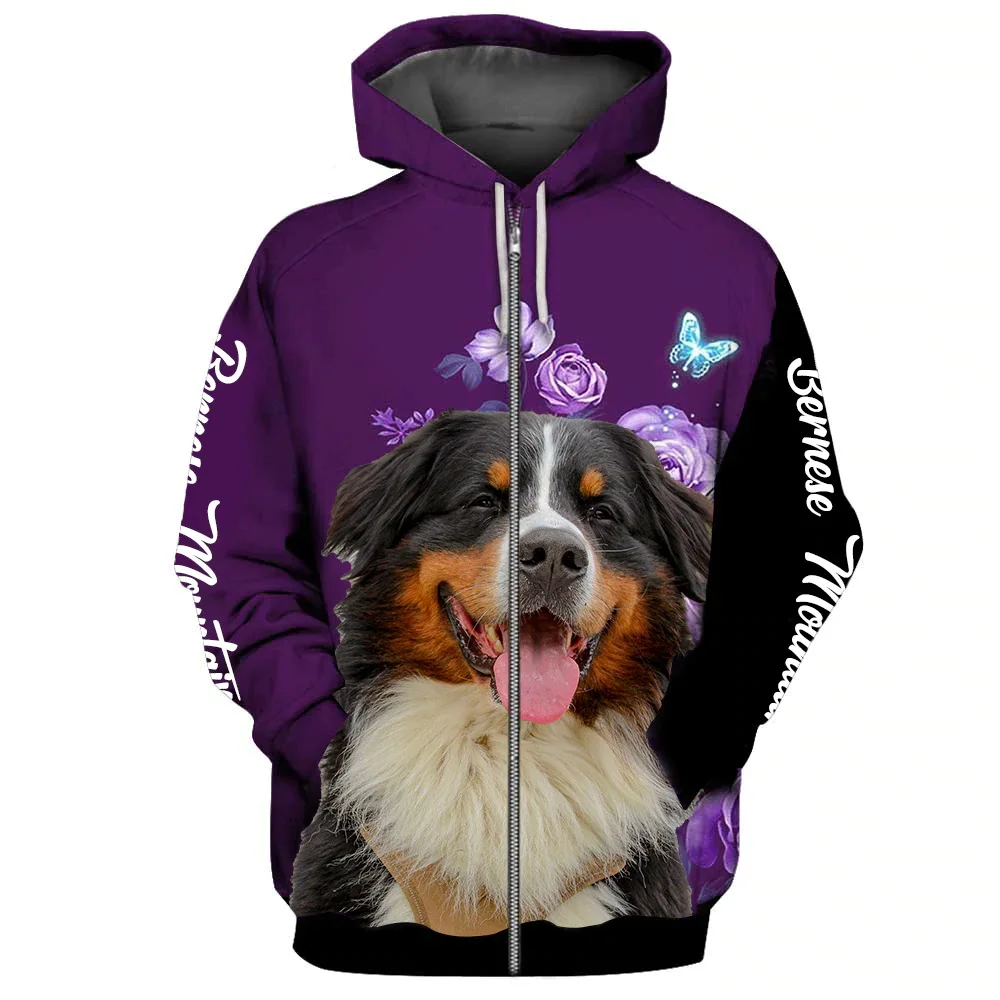 HX Bernese Mountain Zip Hoodies Animals Dogs Make Life Whole Hoodies Floral Graphic Tops Harajuku Sportswear Women Clothing