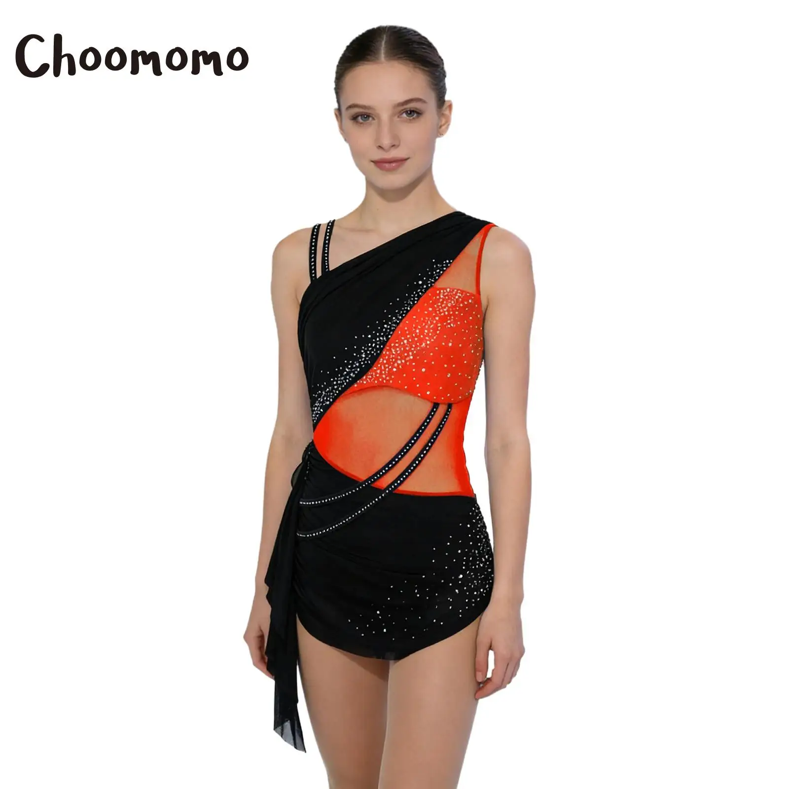 

Women Figure Skating Color Block Bodysuit Rhinestone Ballet Gymnastic Leotard Asymmetrical Shoulder Skirt Latin Skating Jumpsuit